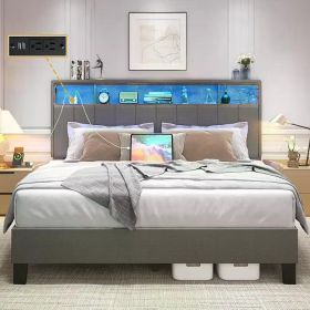 Storage Headboard,Upholstered Queen Bed Frame with Built in Charging Station (Color: Light Grey)