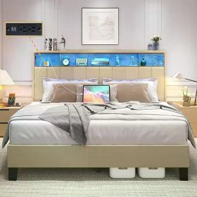 Storage Headboard,Upholstered Queen Bed Frame with Built in Charging Station (Color: Beige)