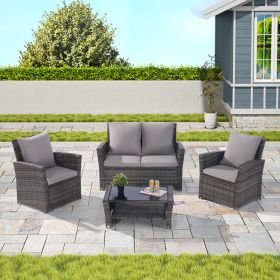 4 Pieces Outdoor Patio Furniture Sets Garden Rattan Chair Wicker Set, Poolside Lawn Chairs with Tempered Glass Coffee Table Porch Furniture (Color: Gray Rattan +light gray  color Cushion)