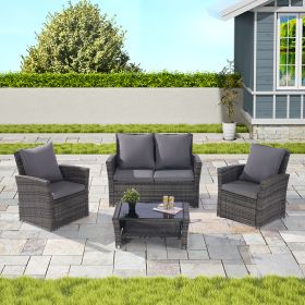 4 Pieces Outdoor Patio Furniture Sets Garden Rattan Chair Wicker Set, Poolside Lawn Chairs with Tempered Glass Coffee Table Porch Furniture (Color: Dark Gray)