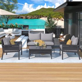 4-Piece Rope Patio Furniture Set, Outdoor Furniture with Tempered Glass Table (Color: Light Brown + Grey)