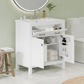 Bathroom Vanity with Ceramic Sink (Material: Solid Wood+MDF, Color: White)