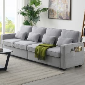 [VIDEO provided] [New] 104" 4-Seater Modern Linen Fabric Sofa with Armrest Pockets (Color: as Pic)